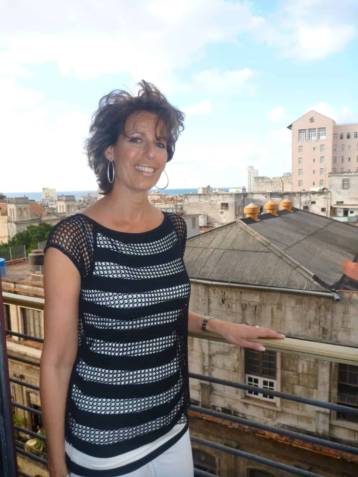 Janet Weinstein Mercadante on the balcony of Hotel Parque Central in Havana, Cuba.