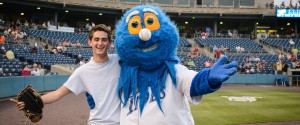 Jacob Levy clowns around with Riptide, Norfolk Tides mascot.