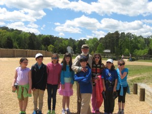 HAT fifth graders enjoy a field trip to Pamplin Historical Park with a Civil War sergeant: Marah Gordon, Evan Nied, Bella Cardon, Tori Chapel, Noah Alper, Tal Zach, Abby Seeman and Abbie Friedman.