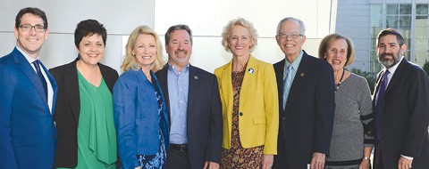 Jeff Cooper, JFS president; Kelly Burroughs, JFS CEO; Kathryn Barrett, moderator; Thom Hutchins, donor family; Dr. Janet S. Wright, acting director of Science & Policy, Office of the U.S. Surgeon General; Al Diaz, donor family and recipient; Patti Wainger,  JFS board member; and Rabbi Jeffrey Arnowitz, Congregation Beth El.