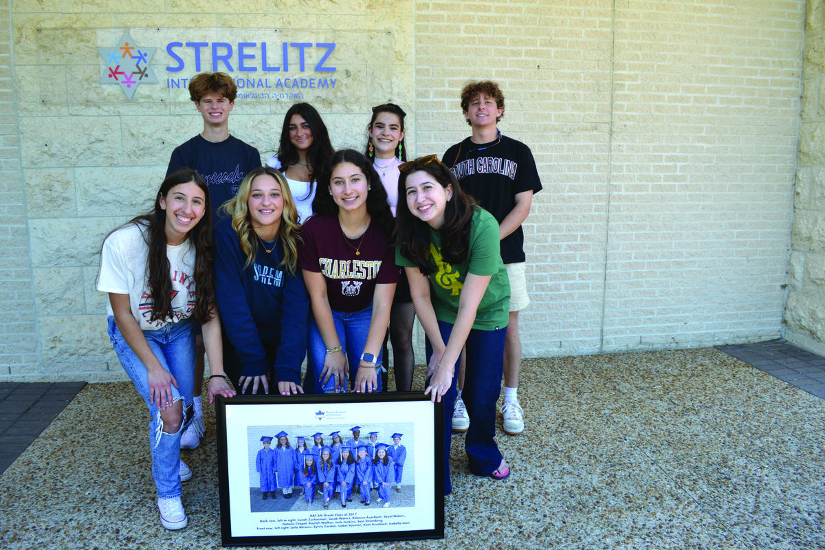 Recreating their graduation: Jonah Zuckerman, Skyel Nidam, Talia Chapel, Sam Stromberg, Leila Abrams, Sylvie Cardon, Izzie Seeman, and Isabella Leon.