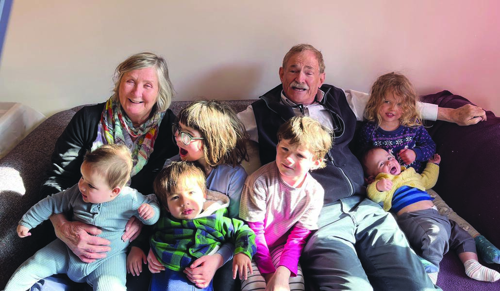 Mike and Prue Salasky with their grandchildren: Zaki, Hayden holding Mylo, Max and Chloe holding Julian.