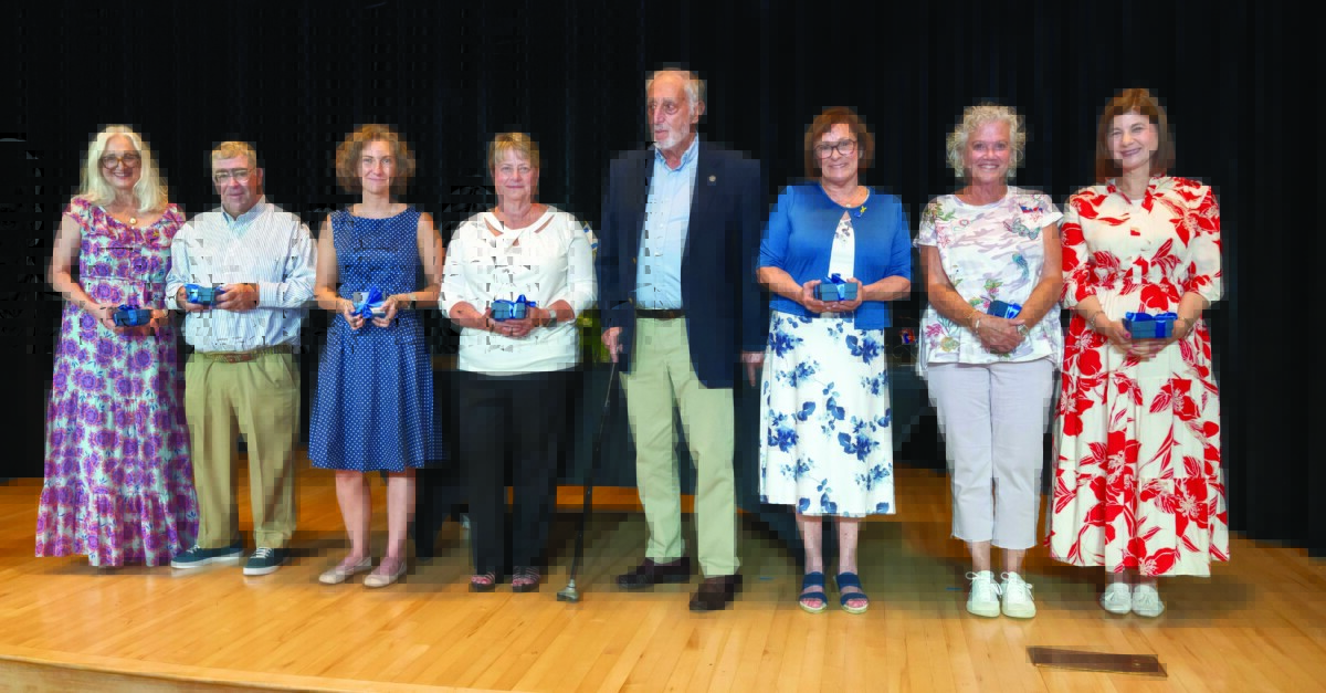 Joseph H. (Buddy) Strelitz Community Service Awards winners: Deb Segaloff, Charlie Nusbaum, Dr. Megan Lord, Anne Kramer, Charlie Firestone, Carol Brum, Babbi Bangel, and Marcy Mostofsky.