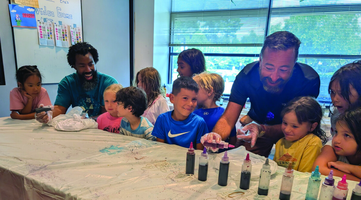 Nadiv Chair Sam Molofsky (right) and Nadiv member Klaus Gaba (left) do a tie-dye activity with campers at Camp JCC