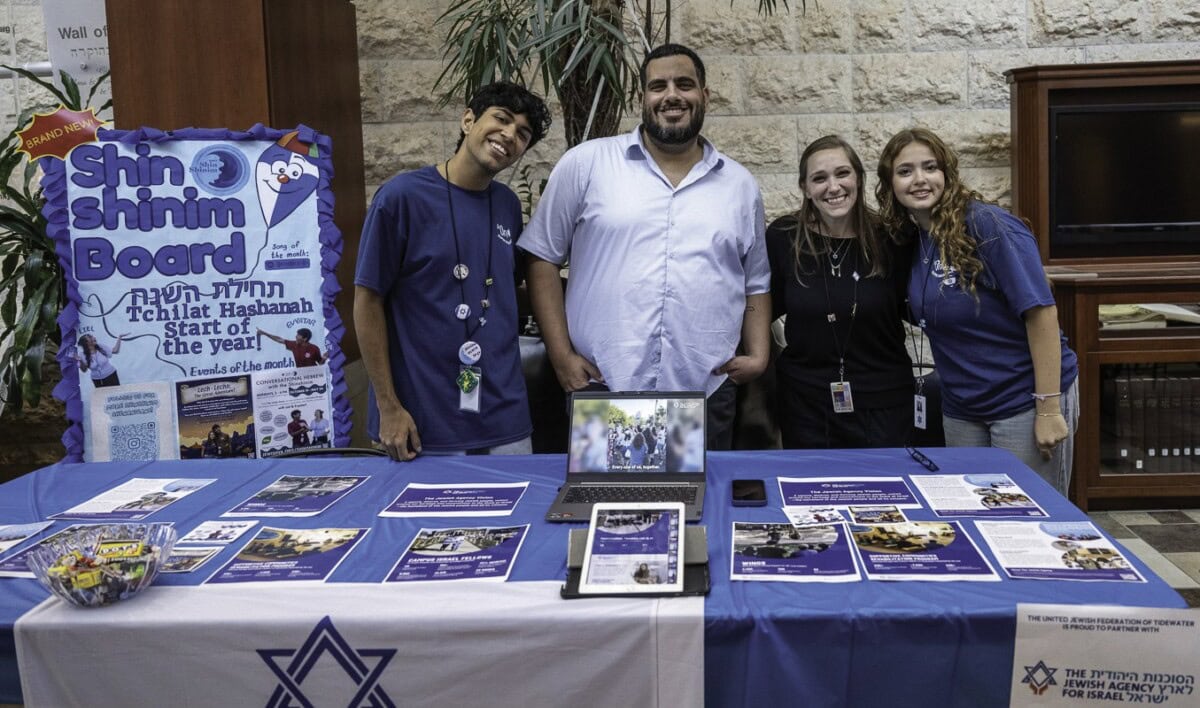 Jewish Agency table with JAFI rep Aviad Fishkin and Tidewater Shinshinim, Liel Aisikowitz and Evyatar Olswang.