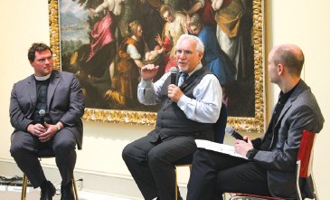 Father Noah Van Niel, Rabbi Michael Panitz and Drew Lusher during the panel discussion.